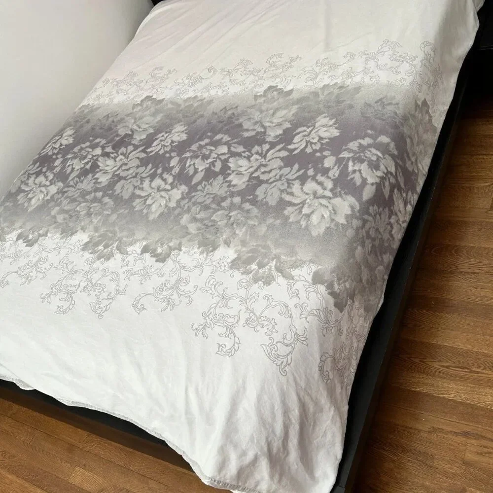 Tahari Home Queen Duvet Cover Set - 100% Cotton Grey and White Floral (3-Piece)